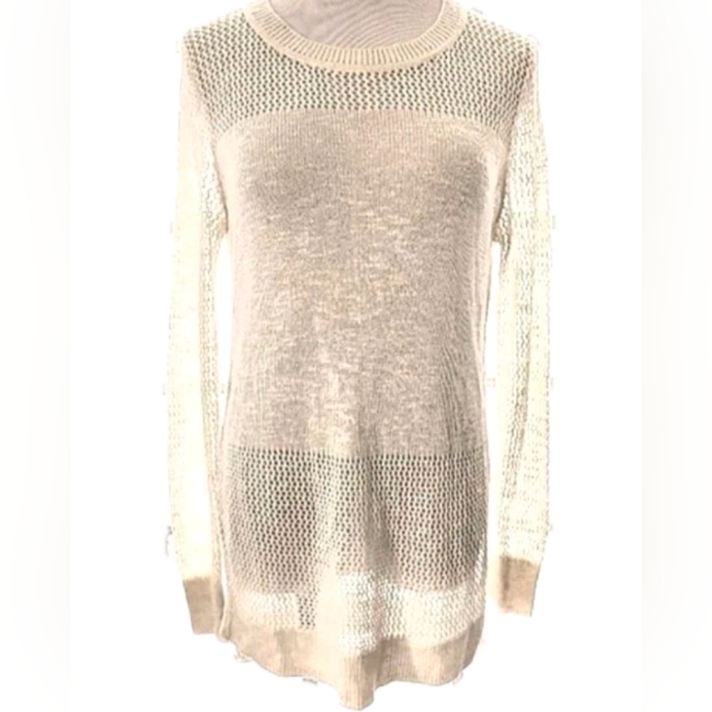 Open Knit Mesh Linen Tunic Top S Ivory Sheer Stretch Lightweight Y2K